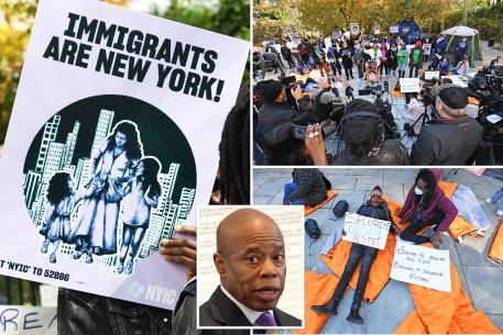 Migrant advocates protest outside Gracie Mansion against push to end NYC’s right to shelter