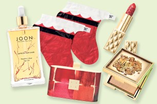 An image of 5 beauty products: a makeup kit, saffron oil, Santa Claus foot masks, a highlighter palette, and red lipstick.