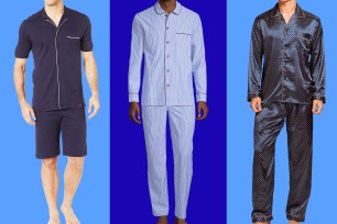 Men in different pajamas on blue background.