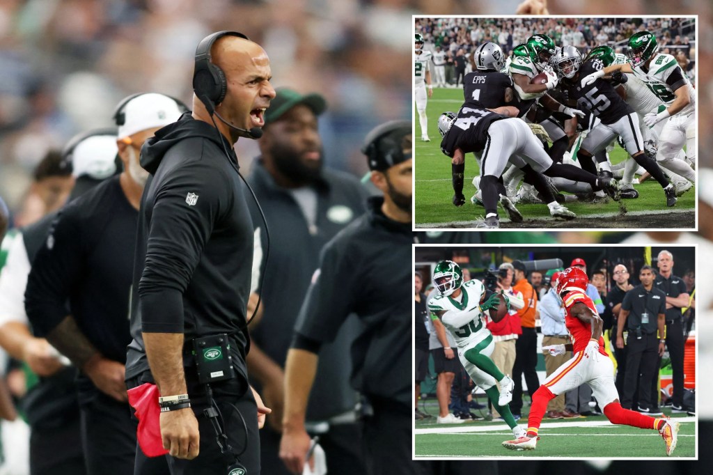 Robert Saleh protests a penalty call against the Jets; top right: a Jets touchdown vs. the Raiders nullied by a penalty; bottom right: a Jets interception vs. Chiefs nullified by a penalty.