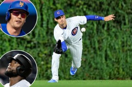 The Cubs' Cody Bellinger lunges to make a catch in the outfield; inset: the Mets' Brandon Nimmo, the White Sox's Luis Robert Jr.