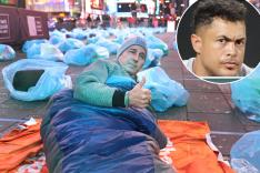 Brian Cashman, participating in the Covenant House Sleep Out in Times Square, said he was surprised his comments about Giancarlo Stanton (inset) being injury prone received such backlash.