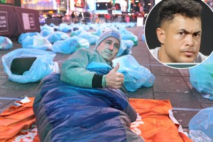 Brian Cashman, participating in the Covenant House Sleep Out in Times Square, said he was surprised his comments about Giancarlo Stanton (inset) being injury prone received such backlash.