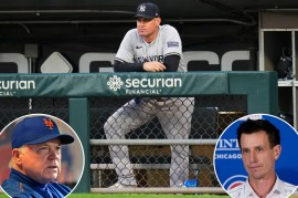 Yankees bench coach Carlos Mendoza hangs over the dugout railing; inset: Buck Showalter, Craig Counsell