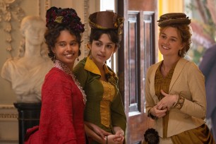 Alisha Boe, Josie Totah and Imogen Waterhouse in "The Buccaneers," smiling.