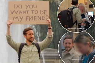 (Main) Lee Thompson, 41, holding his "Do You Want To Be My Friend" sign in Washington Square Park. (Top right inset) A woman a asking "What the hell is wrong with you?." (Bottom right inset) A subway commuter telling him his request for friendship is off-putting. 