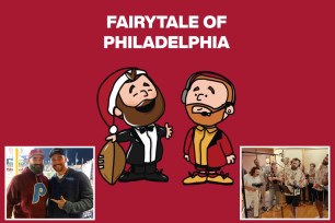 The cover of "Fairytale of Philadelphia," Jason and Travis Kelce, and Jason Kelce in the recording studio.