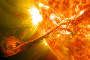 This image provided by NASA shows an image captured by NASA’s Solar Dynamics Observatory of a blast of plasma streaming from the sun in August 2012. Scientists say a solar eruption was detected on March 5, 2013 and was headed toward Mars. NASA’s Curiosity rover will postpone some activities but other Mars missions will operate normally.(AP Photo/NASA)