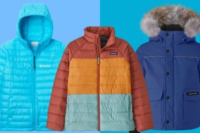Three different childrens' coats on two toned background.