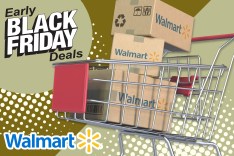 Walmart Black Friday deals. Shopping cart filled with boxes.